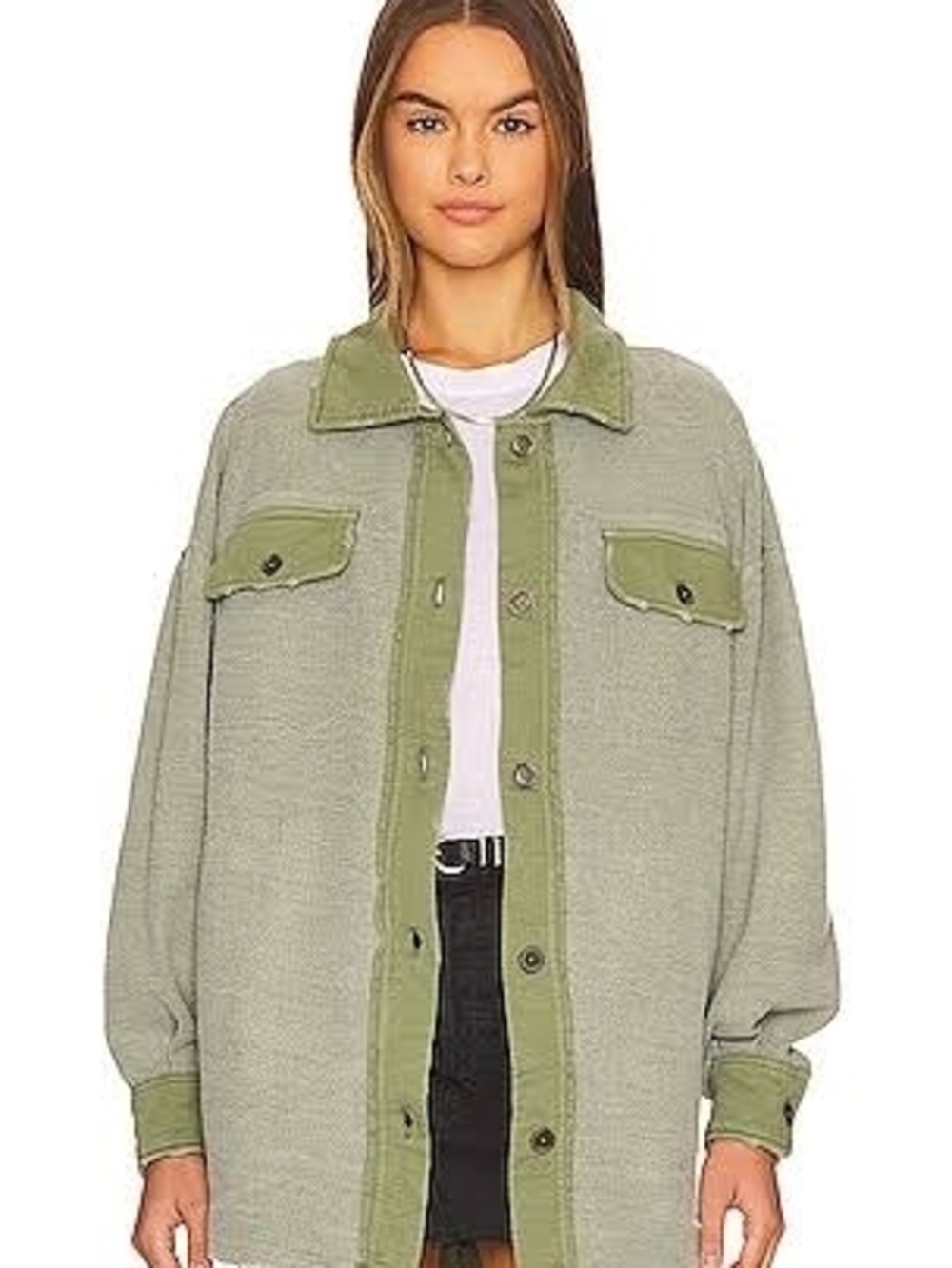Free People RUBY Olive Green Oversized Distressed Button Up Fleece Top Shacket